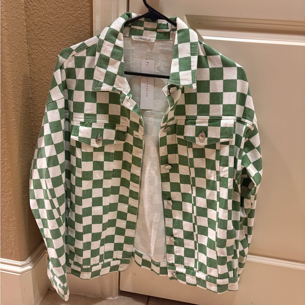 Timing Green and White Checkered Jean Jacket